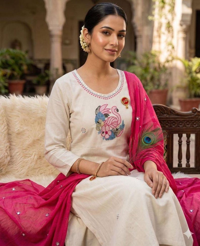 3Pcs Pure Khadi Cotton Kurta Kurti Pant Dupatta Set Indian Salwar Kameez Ethnic image 2