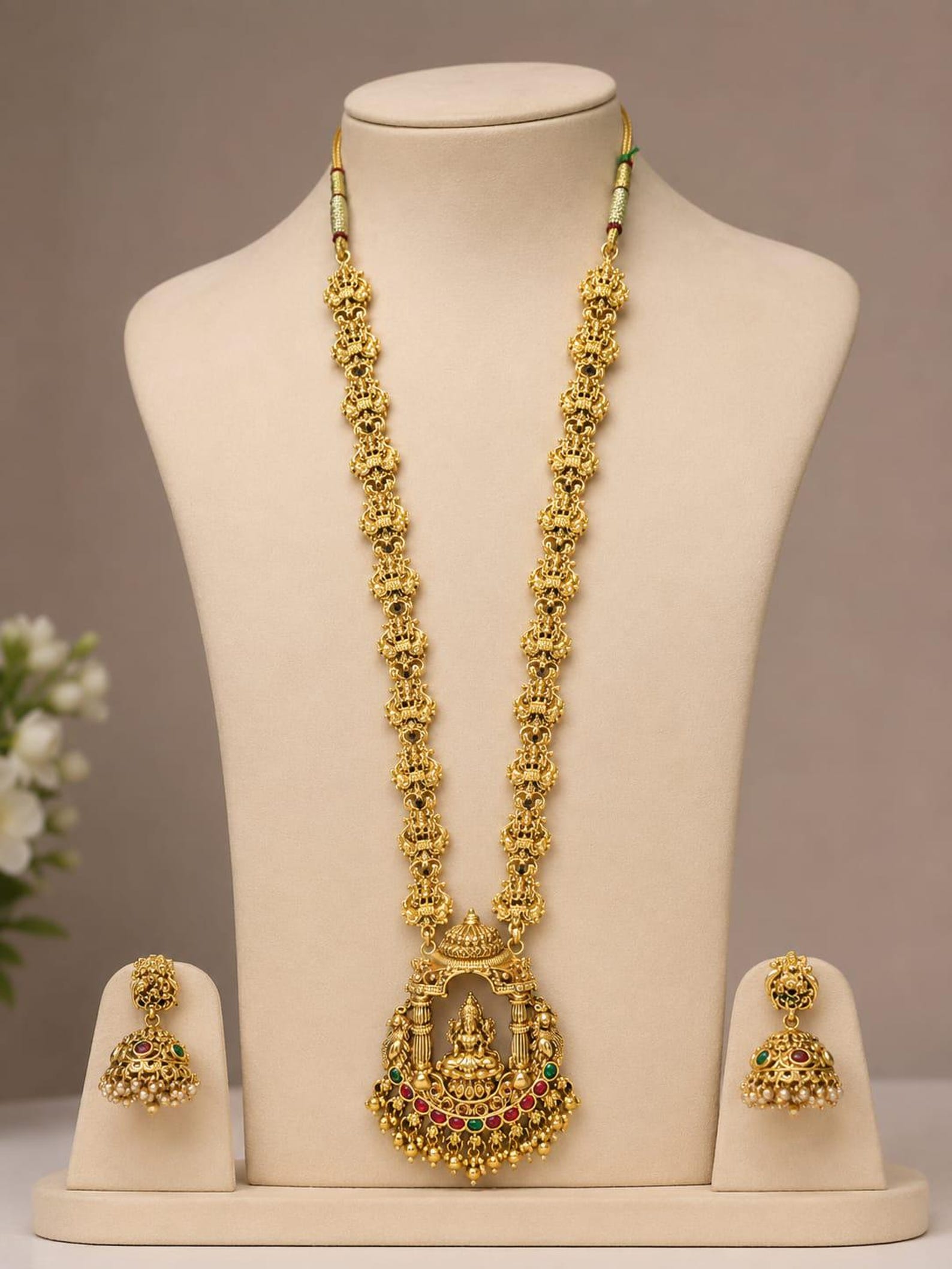 Gold Plated South Indian Jewelry Set, Lakshmi Necklace Earrings, Onam Gift