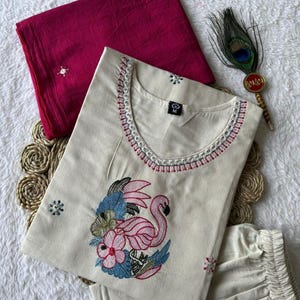 3Pcs Pure Khadi Cotton Kurta Kurti Pant Dupatta Set Indian Salwar Kameez Ethnic image 1