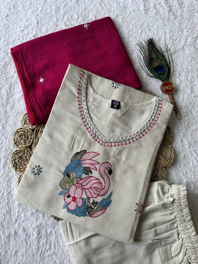 3Pcs Pure Khadi Cotton Kurta Kurti Pant Dupatta Set Indian Salwar Kameez Ethnic image 1