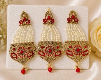 Conjunto de 3 piezas de pendientes de perlas con tikka para mujer, joyería étnica chapada en oro para bodas.