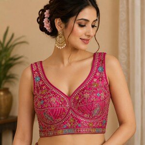 Pure Silk Hot PinkEmbroidried Sequence Saree Blouse For Women Slveeless Crop Top Choli