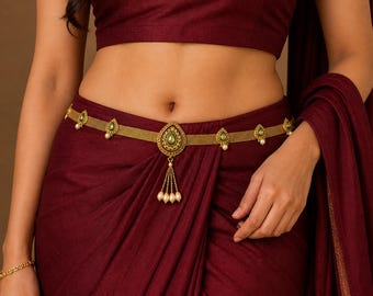 Cinturón dorado para mujer, talla única, cinturón de cadera Vaddanam, kamarband, joyería de baile, cuerpo