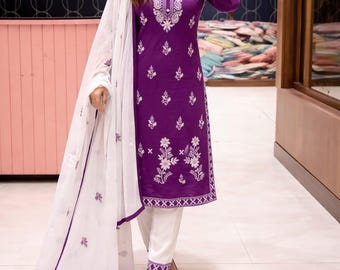 3 Pcs Pure Cotton Purple Floral Chikankari Kurta Pant With Dupatta Set Plus Size