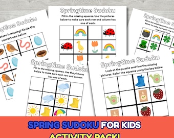 Sudoku-werkbladen met lentethema voor kinderen, afdrukbaar logisch spel voor kleuters, activiteitenpakket kleuterschool, puzzel Instant Download