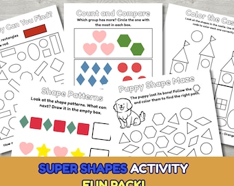 Super Shapes-activiteitenpakket voor kinderen, 10 afdrukbare pagina's met vormspellen, doolhoven en leerplezier knippen en plakken