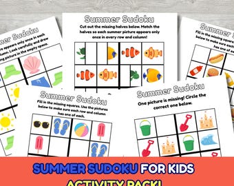 Sudoku-werkbladen met zomerthema voor kinderen, afdrukbaar logicaspel voor kleuters, activiteitenpakket kleuterschool, puzzel Instant Download