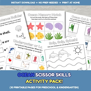 Könnte beinhalten: Ein druckbares Aktivitätspaket zum Thema Ozean für Vorschule und Kindergarten. Das Paket enthält Seiten zum Satzbau, Zuordnen, Schneiden und Sortieren. Die Seiten zeigen Illustrationen von Meeresbewohnern und Unterwasserszenen. Der Text "Ocean Scissor Skills Activity Pack!" wird angezeigt.