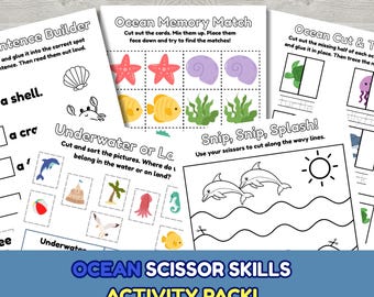 Vaardighedenpakket oceaanschaar voor kinderen, leuke leerwerkbladen, fijne motoriek, matchen, traceren, afdrukbaar voor peuters en kleuters