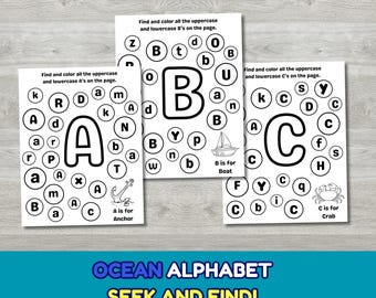 Oceaanalfabet zoeken en vinden, 26 werkbladen voor het kleuren van letters, alfabetiseringsactiviteit voorschoolse kleuters, AZ-letterherkenning, oceaanthema
