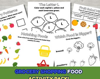 Boodschappenpakket voor kinderen, 10 afdrukbare pagina's, leerwerkbladen voor peuters en kleuters, educatief plezier met voedselthema