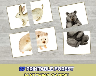 Bos matching game voor kinderen, afdrukbare Montessori-activiteit, bijpassende kaarten voorschoolse, natuurthema homeschool resource, bosdieren