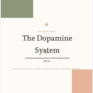 Pode incluir: Um cartão informativo branco intitulado The Dopamine System by Lucalisbon, com um pequeno ícone de estrela, um subtítulo em português e uma linha inferior listando Menu de Dopamina, Sistema de Recompensas, Trackers e Cartões, com detalhes em verde-oliva e pêssego.