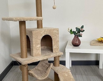 Albero per gatti di lusso in peluche: cuccia per gatti a più livelli con tiragraffi in iuta
