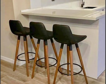 Retro Black Faux Leather Bar Stool, Beech Wood Legs