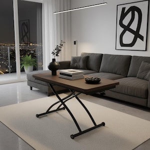 May include: A contemporary living room showcases a brown lift-top coffee table with black metal legs. The table sits on a light-coloured rug in front of a grey sectional sofa. A black vase with branches and books are on the table.