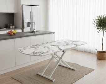 Mesa inteligente extensible ovalada, tablero de MDF, patas de metal negro
