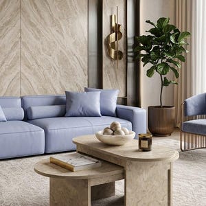 Travertine Coffee Table Set of 2 | Modern Minimalist Living Room Table | Travertine Look Coffee Table | Luxury Stone Style Side Table