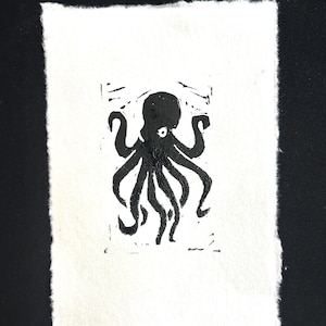 Octopus Linocut Print – Hand-Printed Deep Sea Art – 4x6 on White Deckle Edge Paper – Marine Biology Decor – Limited Edition Ocean Print