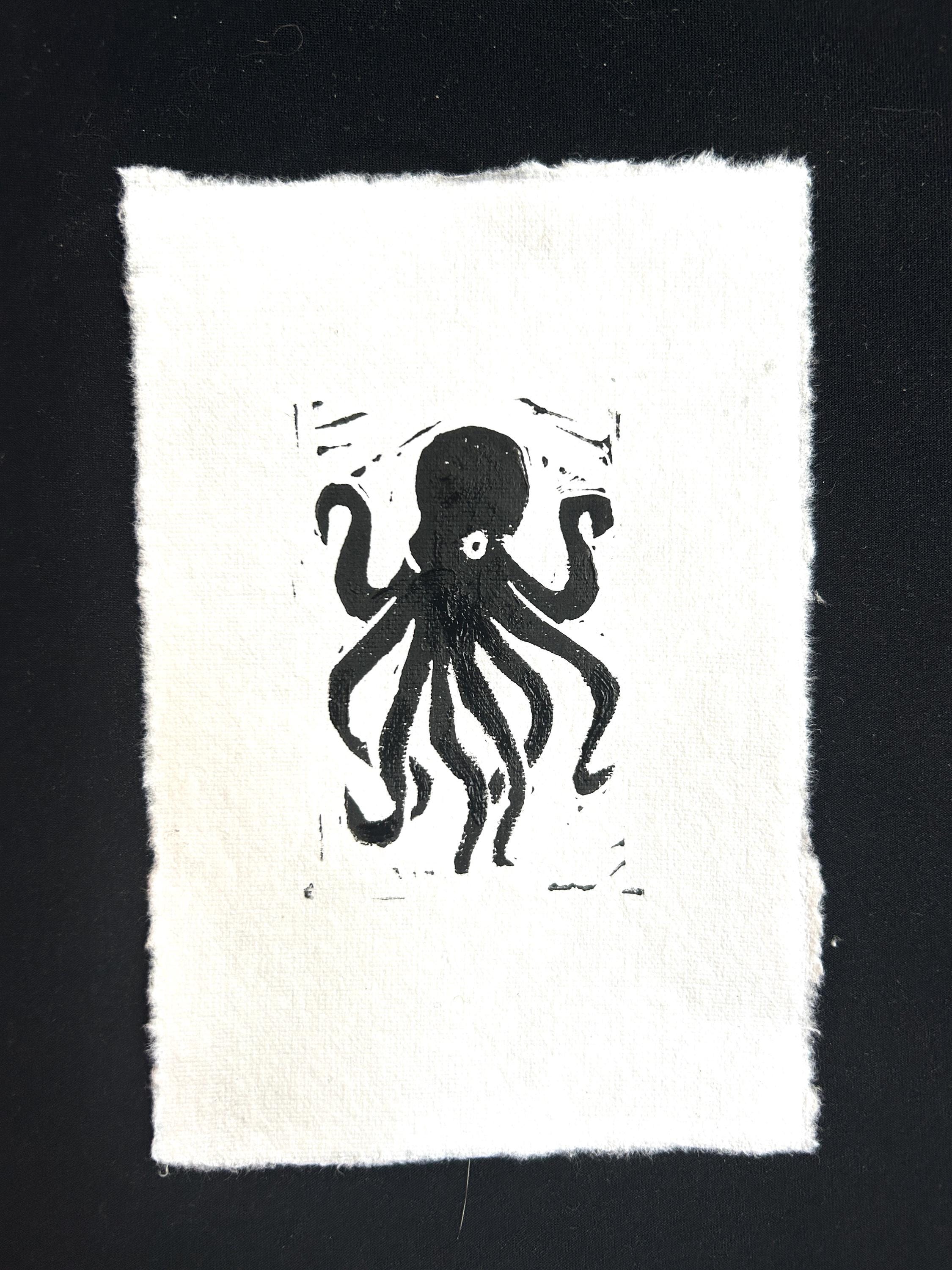 Octopus Linocut Print – Hand-printed Deep Sea Art – 4x6 on White Deckle ...