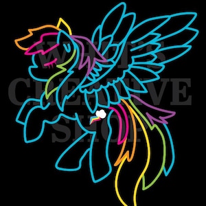May include: A neon-style illustration of a winged pony in shades of blue, pink, yellow, orange, and purple against a black background. The pony is depicted with closed eyes and a flowing mane and tail. The image has the text "CREATIVE SHOP" in the background.