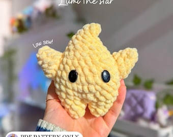 May include: A crocheted star toy in a pale yellow colour, with black button eyes. The text "Lumi the star" is above the toy, and "Low sew!" is to the left. The bottom of the image has text that reads "PDF PATTERN ONLY @my_universe64".