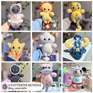May include: Nine crochet plushies in various designs, including a star, cloud, and cat. The plushies are in a variety of colors, including yellow, white, and pink. The text "9 PATTERNS BUNDLE @my_universe64" is at the bottom.