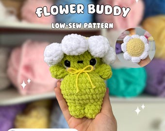 May include: A crocheted flower buddy in lime green with white flower-like accents. The plushie has black eyes and a yellow bow. The image includes the text "FLOWER BUDDY LOW-SEW PATTERN" and "PDF PATTERN ONLY @my_universe64".