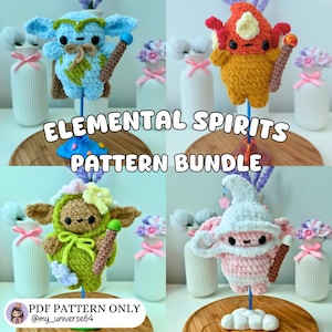 Elemental spirits crochet Pattern bundle, fire, water, wind and earth, cute, kawaii, aesthetic