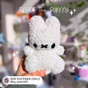 May include: A white, fluffy, handmade bunny plushie with black eyes and a black cross-shaped mouth. The text "FLOOF the Bunny" is above the bunny. The text "PDF PATTERN ONLY" and the Instagram handle "@my_universe64" are at the bottom.
