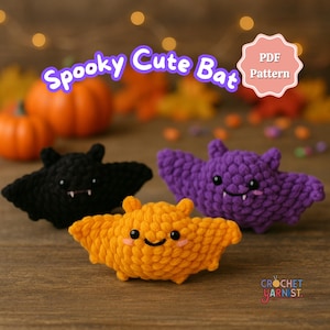 May include: Three crocheted bats in black, orange, and purple, with smiling faces and small fangs. The bats are on a wooden surface, with pumpkins and fall foliage in the background. Text reads "Spooky Cute Bat" and "PDF Pattern".