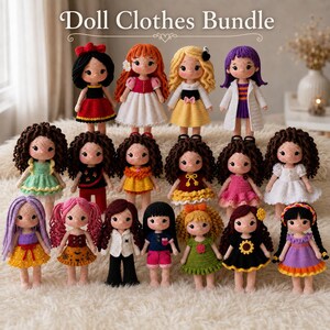 May include: A collection of seventeen crocheted dolls arranged in three rows, each featuring unique yarn hair colors, styles, and outfits. The text 'Doll Clothes Bundle' is displayed at the top of the image. The dolls are crafted with detailed facial features and varied colorful garments.