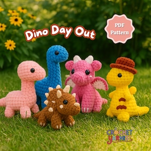 May include: A group of five crocheted dinosaur toys in various colors, including pink, blue, brown, and yellow, are displayed on green grass. The text "Dino Day Out" is above the dinosaurs, and a "PDF Pattern" badge is visible. The Crochet Yarnist logo is in the bottom right.