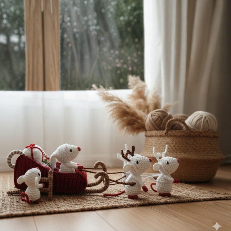 May include: A charming Christmas scene featuring a red crocheted sleigh pulled by two crocheted reindeer and a mouse. The sleigh carries a mouse and gifts. A smaller mouse stands in front. A basket of yarn and pampas grass are in the background.