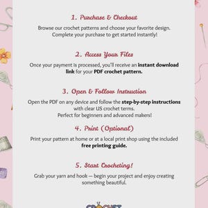 May include: A pink and white graphic with the title "HOW IT WORKS" and numbered steps for purchasing and using crochet patterns. Includes text about downloading, opening, and printing PDF patterns, and starting to crochet. The logo for Crochet Yarnist is at the bottom.