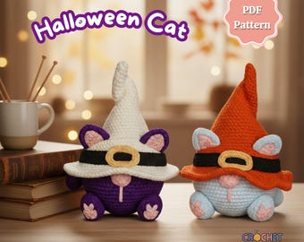 Halloween Witch Cat Crochet Pattern PDF | Amigurumi Kitty Plush Toy DIY | Crochet Witch Gnome Cat Pattern | Digital Download