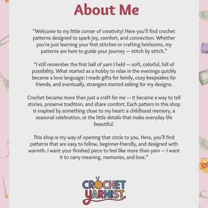 May include: A pink and white graphic with the text "About Me" at the top. The text describes the shop's crochet patterns, designed to spark joy and connection. The shop's logo, "Crochet Yarnist," is at the bottom.