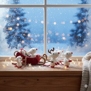 May include: A festive Christmas scene featuring a red sleigh pulled by two crocheted reindeer and a crocheted mouse. The sleigh is filled with white crocheted mice and a wrapped gift. The scene is set against a snowy window.