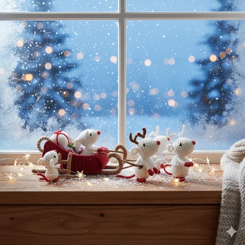 May include: A festive Christmas scene featuring a red sleigh pulled by two crocheted reindeer and a crocheted mouse. The sleigh is filled with white crocheted mice and a wrapped gift. The scene is set against a snowy window.
