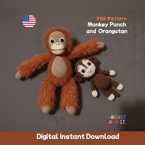 Puede incluir: Dos muñecos de mono de ganchillo, uno grande y otro pequeño, en tonos marrones y beige. El mono más grande tiene pelo largo y desgreñado y los brazos extendidos. El mono más pequeño está tumbado. El texto dice "PDF Pattern Monkey Punch and Orangutan" y "Digital Instant Download."