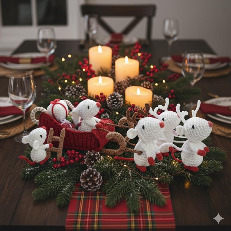May include: A festive Christmas centerpiece featuring a red crocheted sleigh pulled by white crocheted mice with red accents. The centerpiece includes lit candles, pinecones, greenery, and red berries, creating a warm holiday atmosphere.