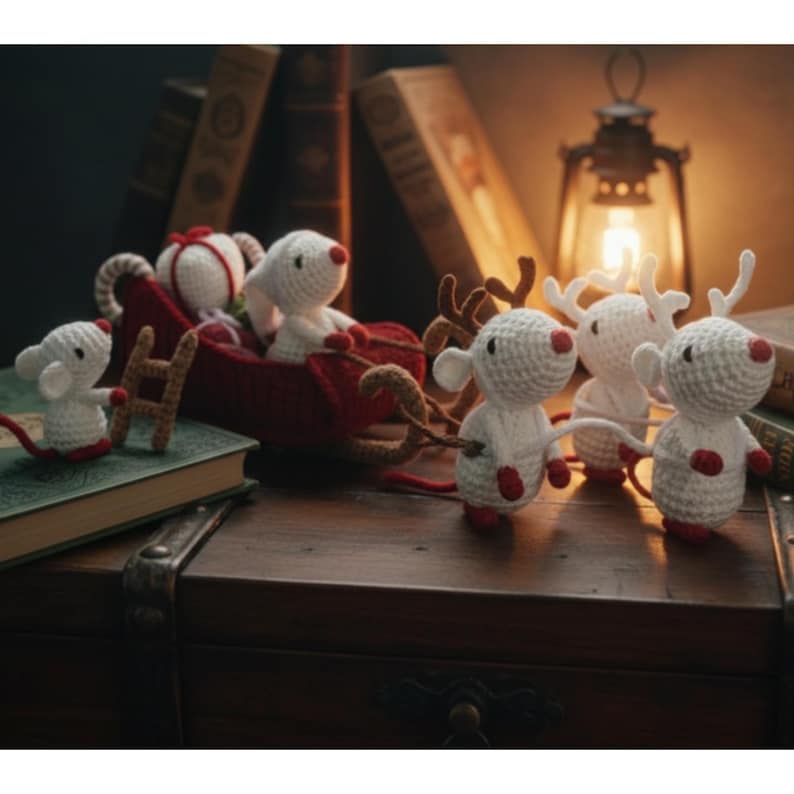 May include: A collection of handmade crochet Christmas decorations. The scene includes white mice with red noses and feet, a red sleigh, and reindeer. The decorations are arranged on a wooden surface with books and a lantern in the background.