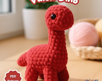 Patrón de crochet Valen-Dino en PDF, dinosaurio amigurumi de peluche de baja costura, lindo juguete de crochet T-Rex, patrón de dinosaurio de peluche