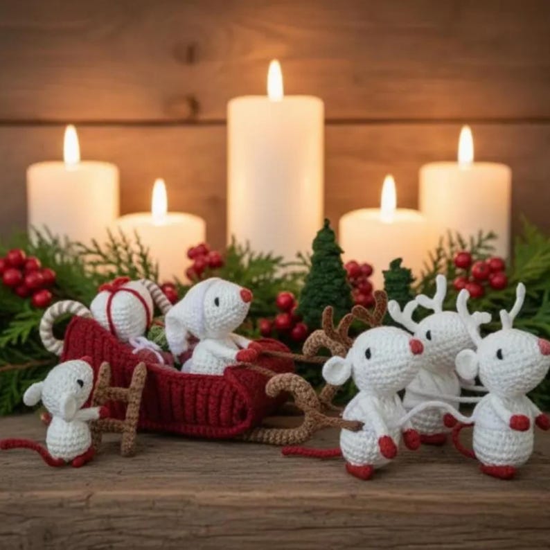 May include: A festive Christmas scene featuring crocheted mice and reindeer. A red sleigh carries mice, while others stand nearby. Lit candles and greenery with red berries create a warm, holiday atmosphere. The background is a wooden surface.