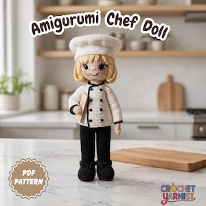 Patrón de muñeca chef de ganchillo en PDF, muñeca chef amigurumi, patrón de muñeca de ganchillo, linda muñeca de cocina, patrón de juguete hecho a mano