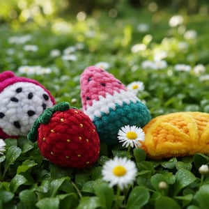 Könnte beinhalten: Eine Sammlung von gehäkelten Fruchtspielzeugen, darunter eine rote Erdbeere, eine rosa-weiße Drachenfrucht, eine Wassermelone und ein gelber Maiskolben. Die Spielzeuge liegen auf grünen Blättern und weißen Blüten.