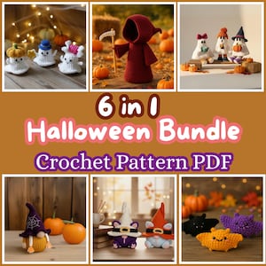 May include: A collage of crochet Halloween-themed items. The image includes crochet ghosts, gnomes, bats, and a grim reaper figure. Text in the center reads "6 in 1 Halloween Bundle Crochet Pattern PDF."