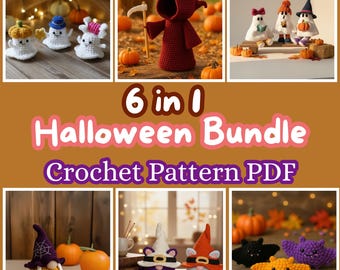 Halloween Crochet Pattern PDF Bundle 6 in 1 Amigurumi Designs | Grim Reaper Ghost, Pumpkin, Bat, Witch Hat, Spooky Cute DIY Crochet Patterns