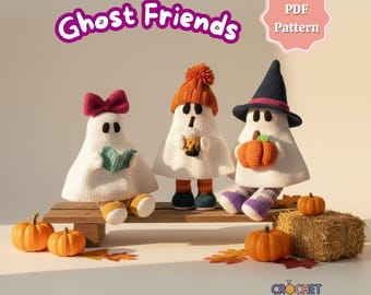 Halloween Ghost Crochet Pattern, 4 in 1 Spooky Amigurumi Pattern, Halloween Witch Cat Tutorial, Pumpkin, Cute Fall Decor Digital Download