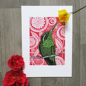 Hummingbird Linocut Print, Hand Printed Signed Open Edition, Kat Lendacka